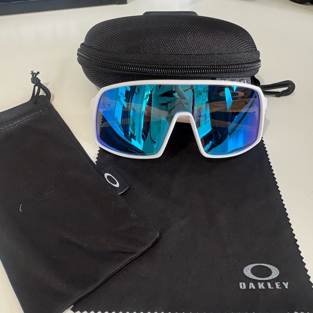 Oakley White Frame Teal/Blue Lens Sport Sunglasses